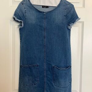 Blue Denim Dress with Frayed Sleeves